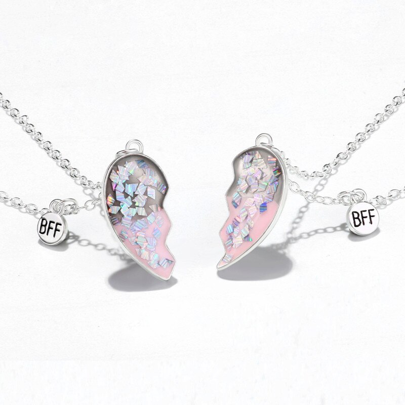 Sequin Stitching Heart Broken Best Friends Necklace Pendant Chain Necklaces BFF Friendship Jewelry for Unisex 2PCS