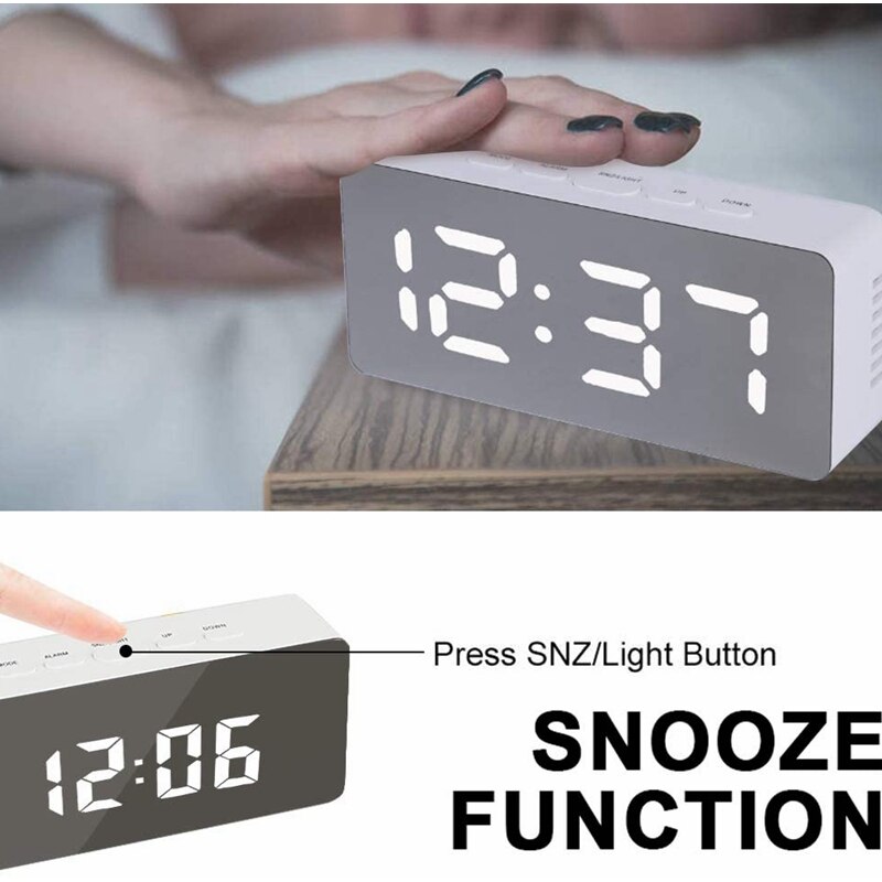 W&G Digital Mirror Alarm Clocks With Temperature Led Display Snooze Time Adjustable Brightness For Bedroom Office Clock with USB