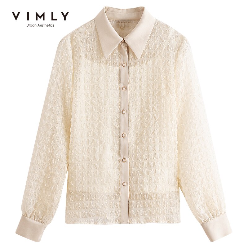 Vimly Herbst Frauen Hemden Büro Dame Drehen Unten Kragen Einreiher Chiffon Bluse Jahrgang Blusas Feminina F2108