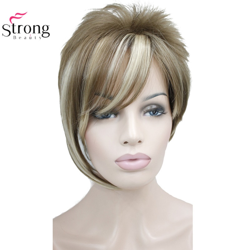 StrongBeauty Light Auburn with Highlights Inclined Bangs Short Straight Synthetic Hair Wig For Girl