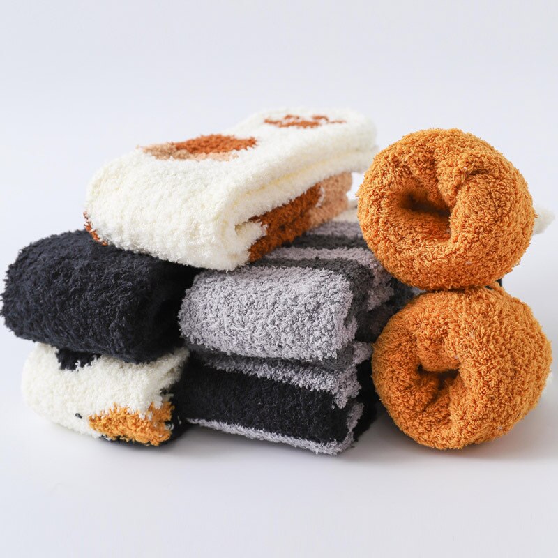 Children Winter Coral Velvet Towel Thick Warm Socks Autumn and Winter Floor Household CAT'S Paw Cute Sleeping Socks Baby Kids