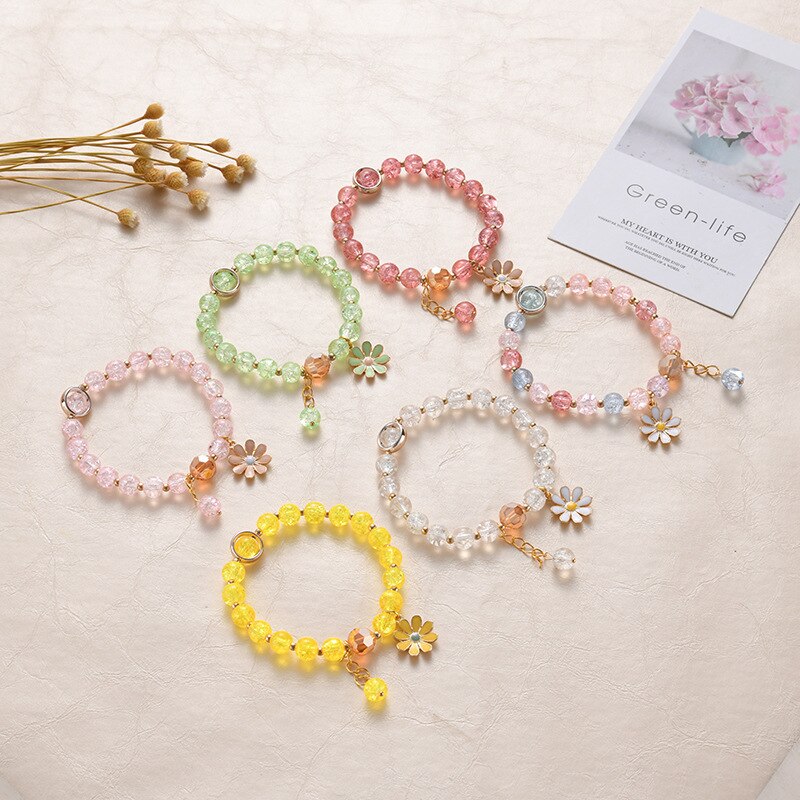 Koreaanse Crystal Glas Bangle Armband Voor Vrouwen Meisjes Resin Kralen Little Daisy Bedels Armbanden Pedant Sieraden