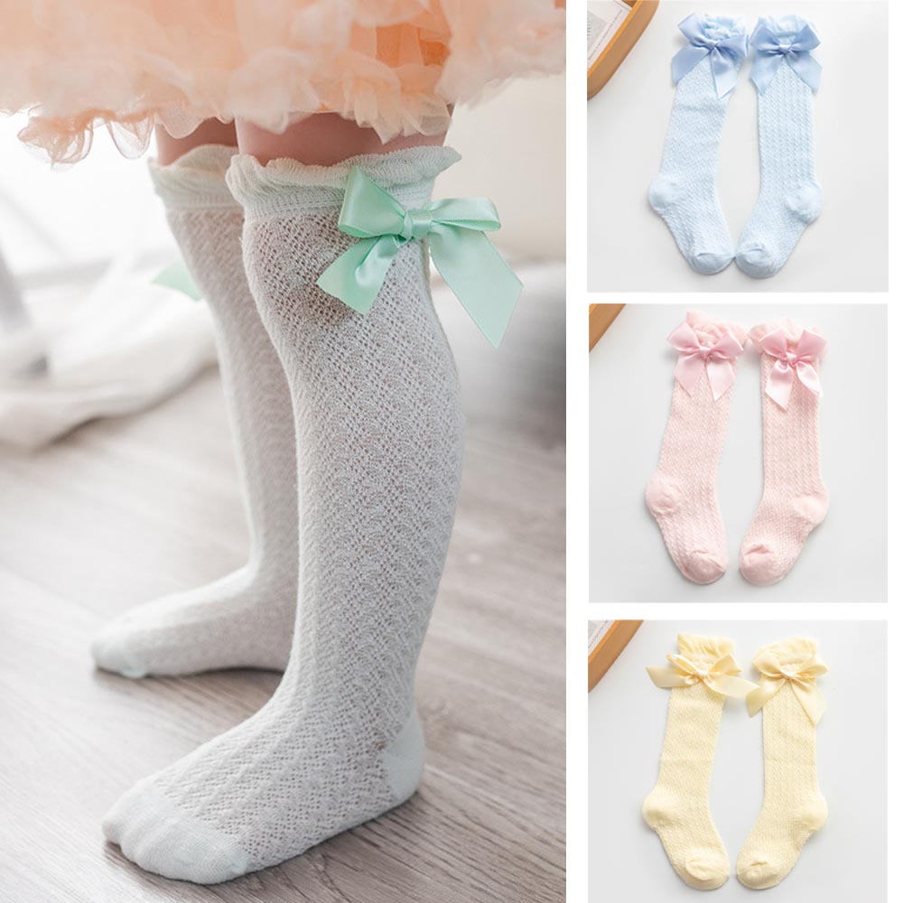 Calzini per neonato estivi calzini per bambini in cotone morbido al ginocchio calze a rete Bowknot calze per neonati traspiranti calze lunghe rosa bianco