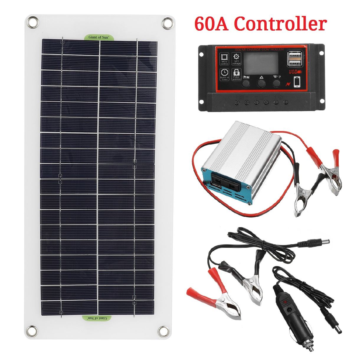 1000W Solar Power Inverter Solar Panel Dual USB Solar Panel Kit Outdoor Battery Supply Charger+Controller+Inverter 10A/60A/100A: 60A controller set