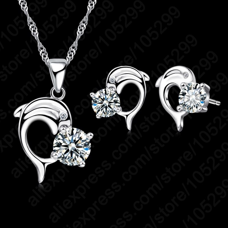 Trendy Dolphine Pendant 925 Sterling Silver Fine Jewelry Necklace Earring For Women Wedding Set