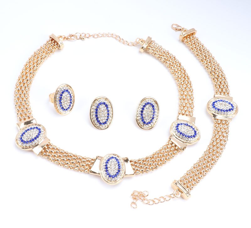 African Costume Jewelry Sets Women Gold Color Beads Rhinestone Oval Shape Necklace Set Dubai Nigerian Wedding Accessories: blue