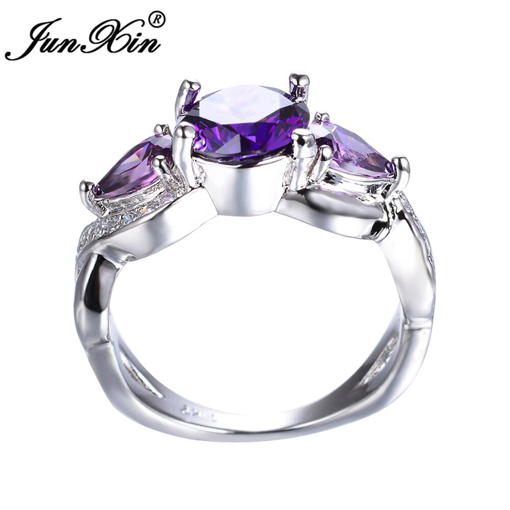 JUNXIN Luxury Female Purple Round Ring White Gold Filled Jewelry Vintage Wedding Engagement Rings For Women