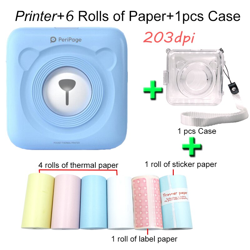 Peripage A6 Photo imprimante d'étiquettes thermiques Mini poche Portable autocollant imprimante impression sans encre pour téléphone Portable android iOS Windows: Blue 6 paper Case