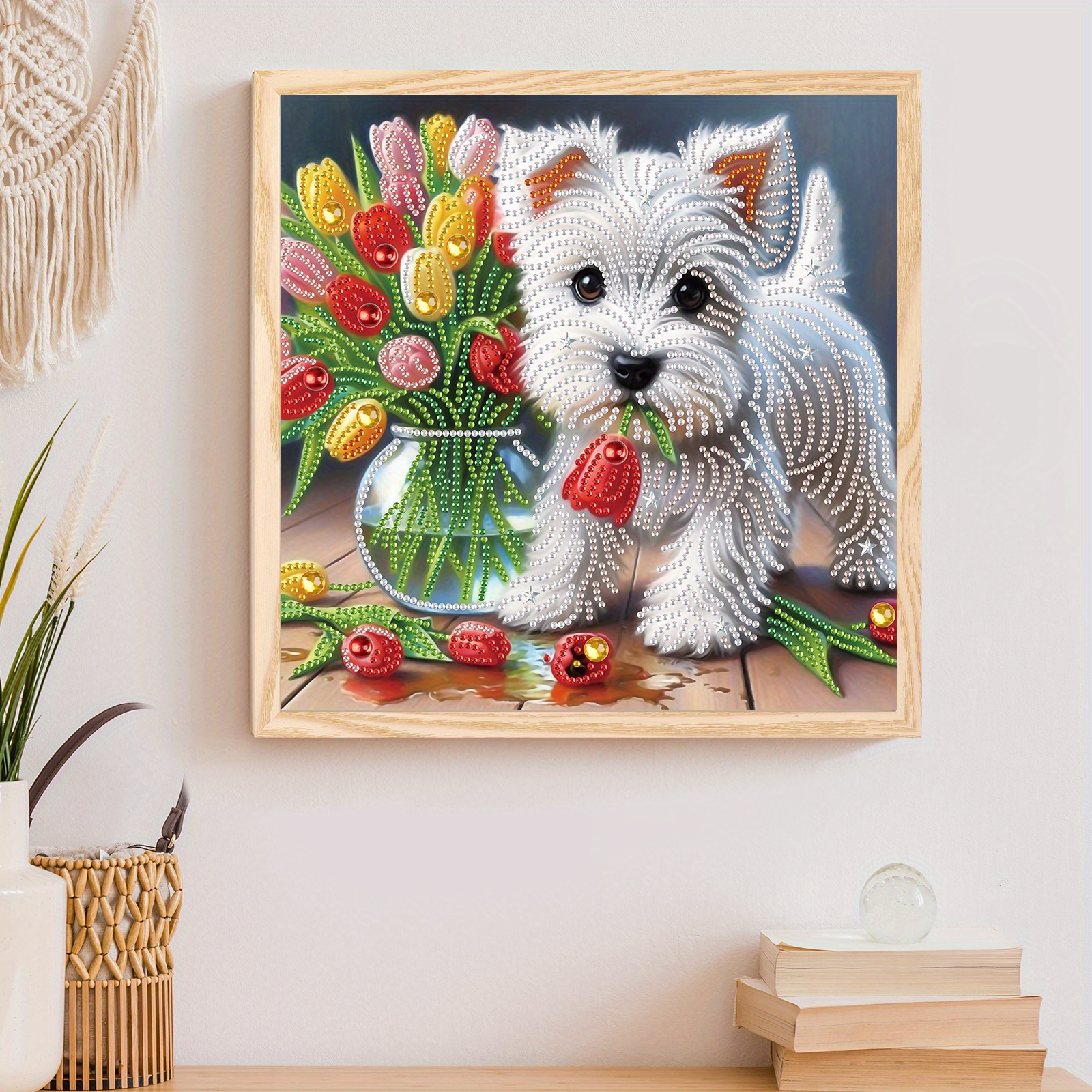 Diy hund og blomster 5d diamantkunstsett med spesielle former for nybegynnere, diamantkunstmalingssett for veggdekorasjon hjemme