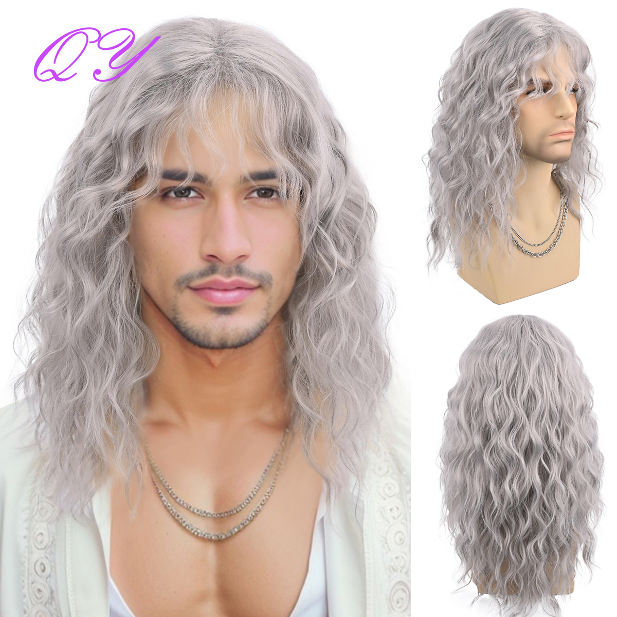 Peluca sintética para hombre, peluca larga marrón Natural rizada Rock Man con flequillo para o Cosplay, peluca de pelo masculino con ondas de agua ajustables: Gris
