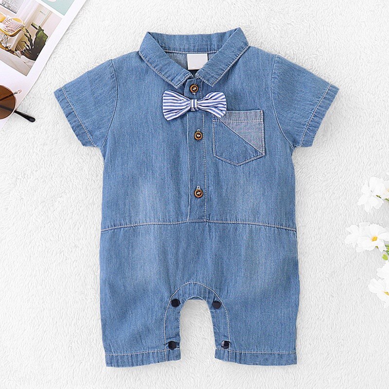 Spædbarn baby dreng denim bukser sød cowboy slips korte ærmer bukser med lomme børn drenge jumpsuit nyfødt tøj 34