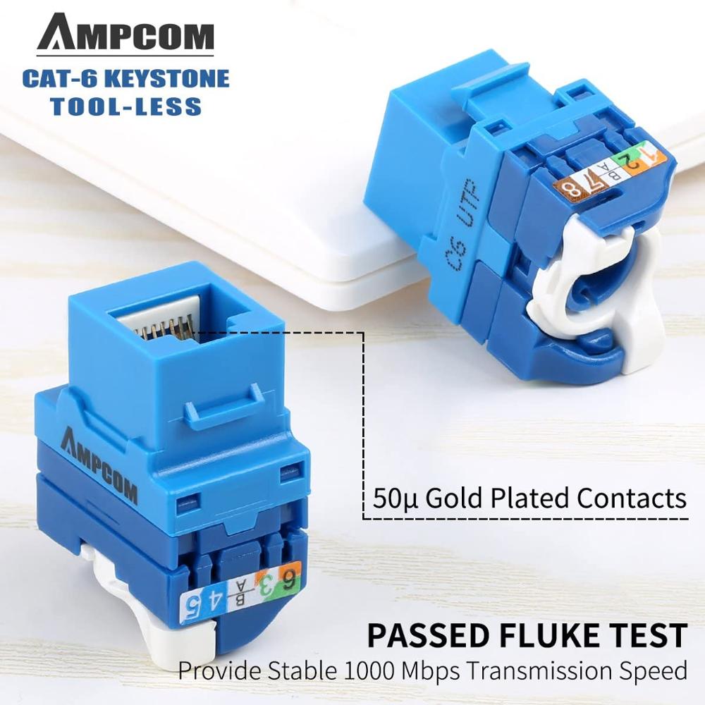 AMPCOM 10-Pack CAT6 RJ45 Tool-Less Keystone Jack, No Punch Down Tool Required UTP Module Connector Blue