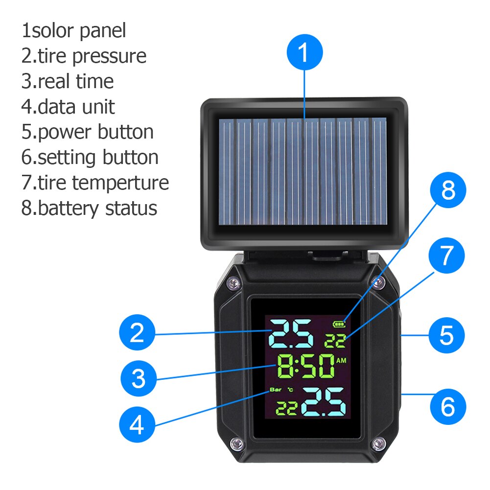 Draadloze Motorfiets Bandenspanning Alarm Lcd Display Solar Usb Charge 2 Externe Sensoren Tpms Tyre Temperatuur Monitoring Systeem