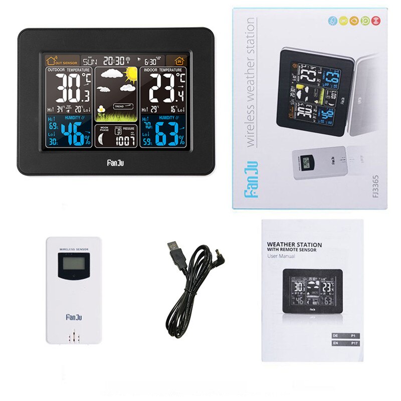 Table Clock Desktop Weather Station Wireless Indoor Outdoor Sensor Thermometer Hygrometer Digital Alarm Clock Barometer Forecast: Black 170x130mm