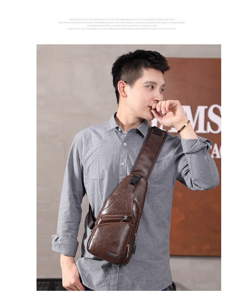 Men Back Pack Chest Pack Single Shouler Rucksack England Chest Bag Shoulder Cross Body PU Leather External USB Charger