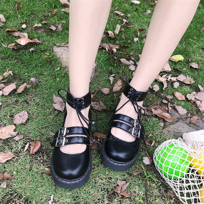 Style japonais Kawaii Lolita chaussures noir gothique filles femmes fantaisie bout rond amovible bande ceinture fond épais étudiant chaussures