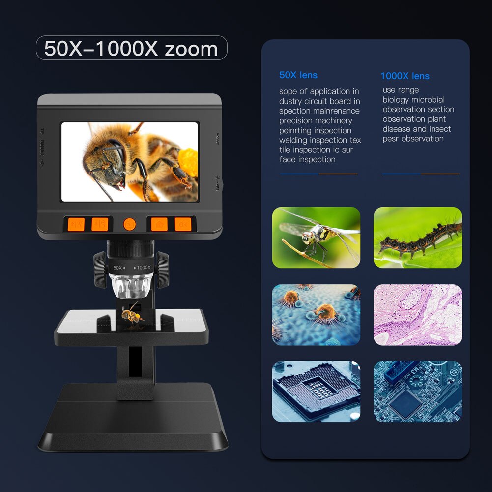 P110 Digital Microscope 1080P 1000X Optical Magnification Electron Electronic Microscope 180° Screen Rotatable Liftable Stand