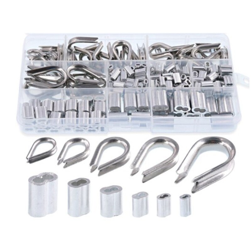 265Pcs Stainless Steel Wire Rope Cable Thimbles Combo and Aluminum Crimping Loop Sleeve Assortment Kit