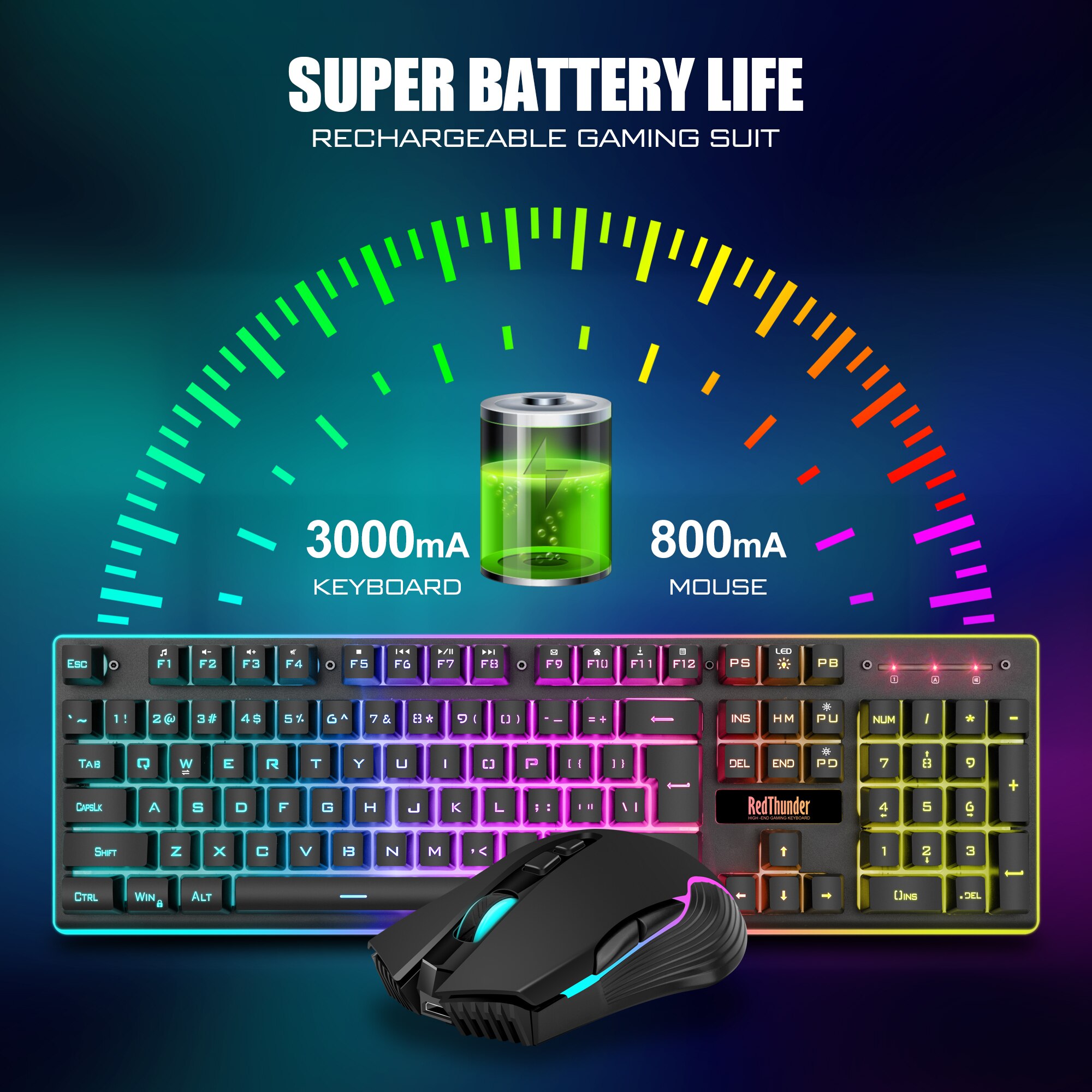 Redthunder  k10 trådløst gaming tastatur og mus combo, led baggrundsbelyst genopladeligt 3800 mah batteri, mekanisk fornemmelse anti-ghosting
