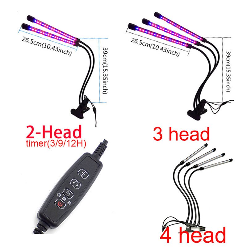 Luces LED para cultivo de plantas, iluminación con temporizador USB de 2/3/4 cabezales, adaptador de 5V para invernadero de interior, cultivo de flores, lámpara Phyto growbox