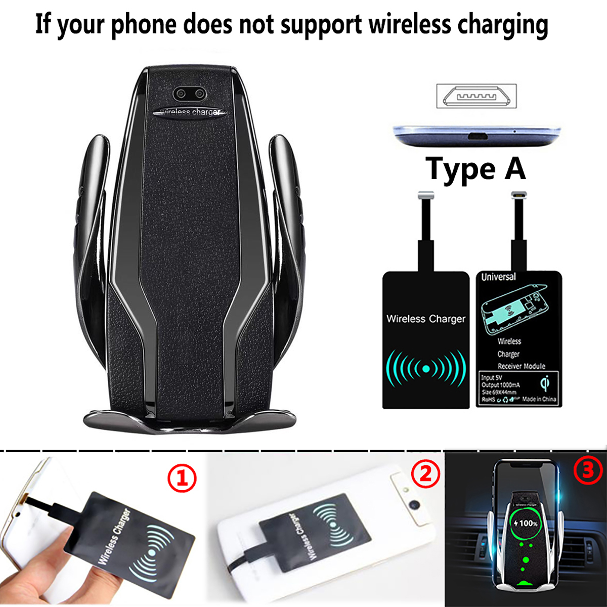 Qi Automatic Clamping Car Phone Holder Fast 10W Wireless Charging Car Charger Holder Mount Air Vent for iPhone X Max XR Samsung: Black For Android A