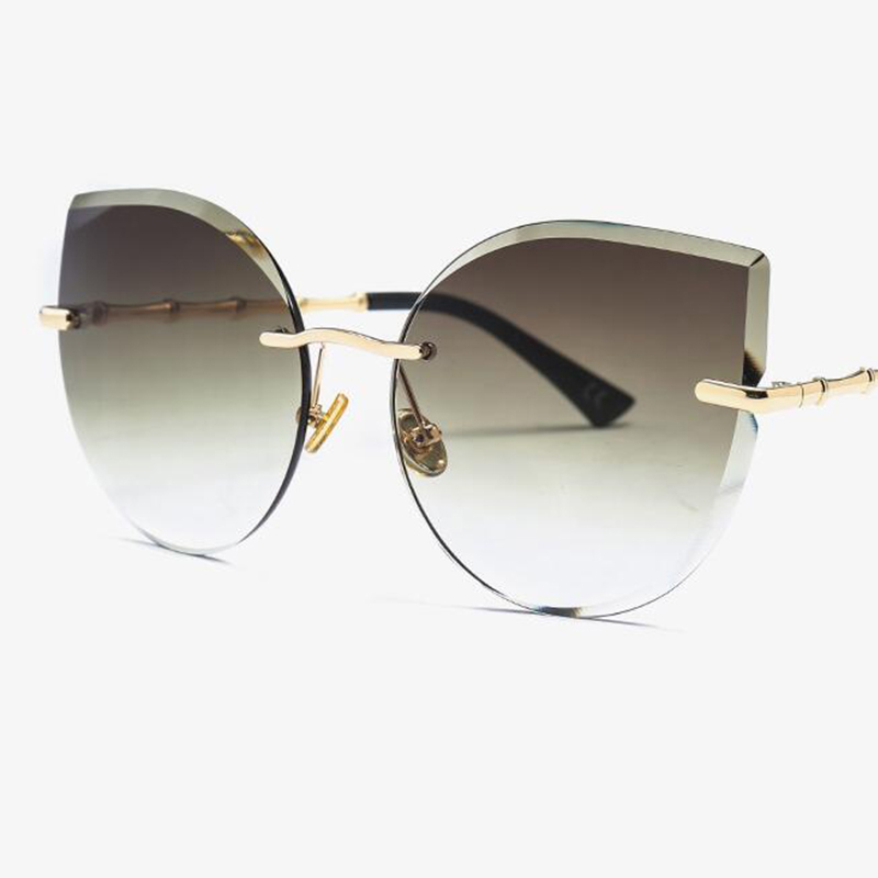 Gafas de sol de gran tamaño sin marco para mujer gafas de sol tipo ojo de gato aleación patas de cristal lentes de lujo de grandes sombras