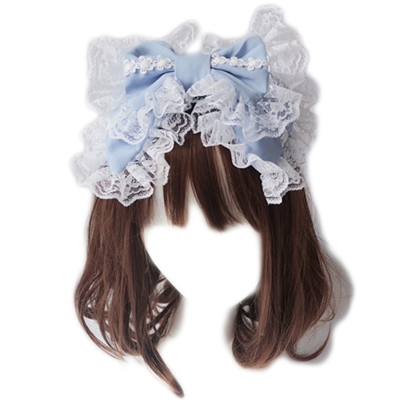 Lovely Sweet Hairband Maid Cosplay Headband Ruffled Lace Headwear Handmade Double Layer Bowknot Hair Accessory: LIGHT BLUE