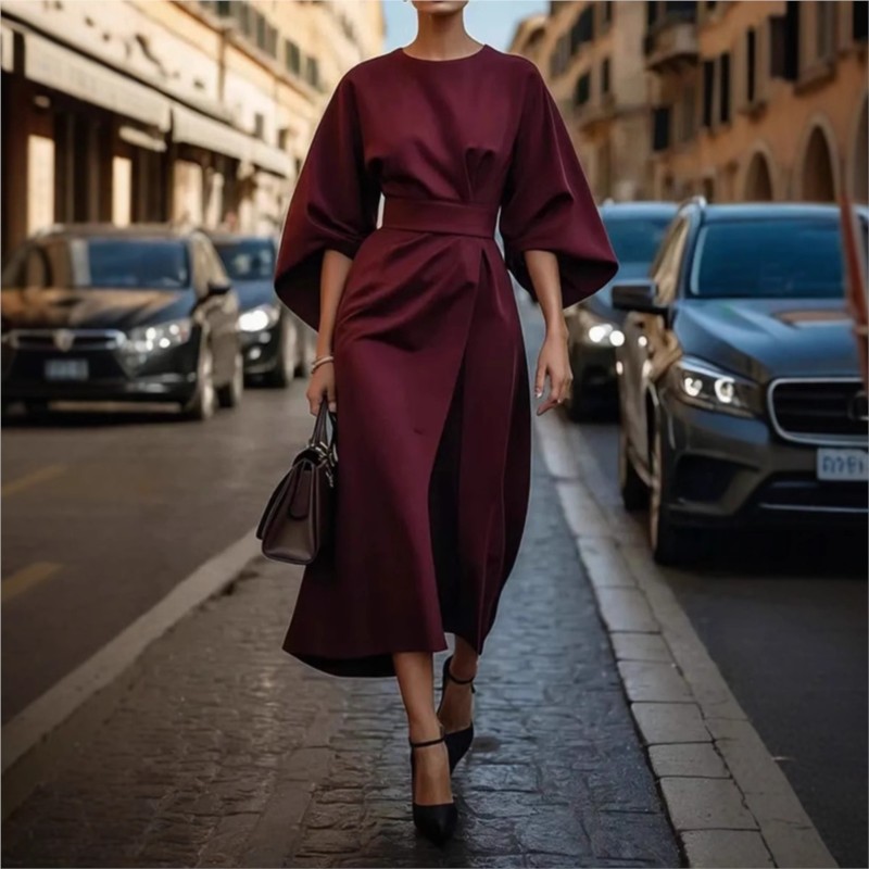 Oansatz Sieben-viertel Hülse Taille Jahrgang Kleid Für Frauen Elegante Einfarbig Temperament Fledermaus Hülse lässig Kleid weibliche