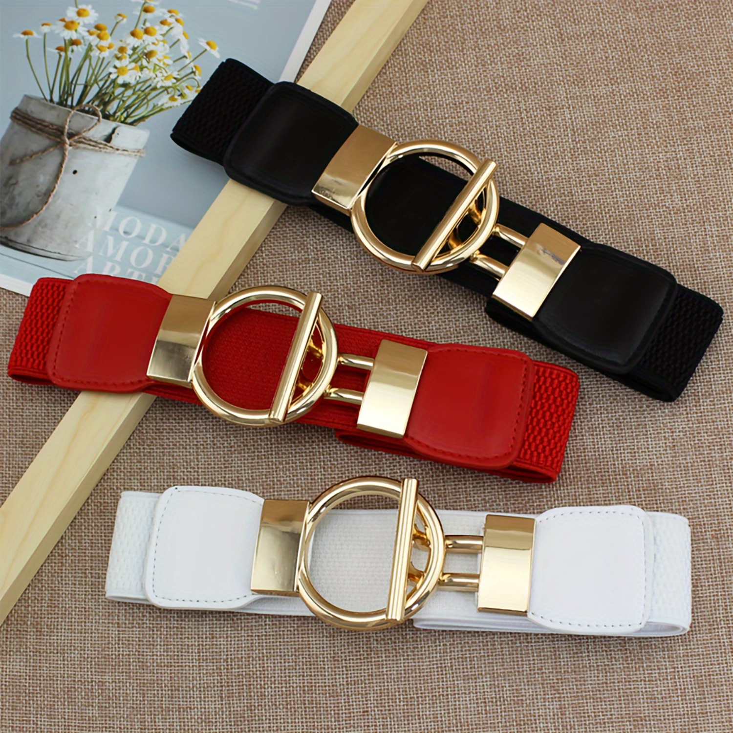 3pcs/set Classic Round Buckle Wide Elastic Waistband Belts - , Comfortable, and Versatile Accessories for Women - Perfect: Yellow