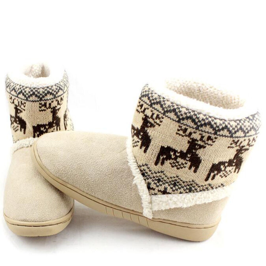 Botas de nieve de invierno con estampado de ciervo, botines gruesos de alce para mujer, par de botas de felpa, botas cortas para interiores con forro de piel: Beige / 5