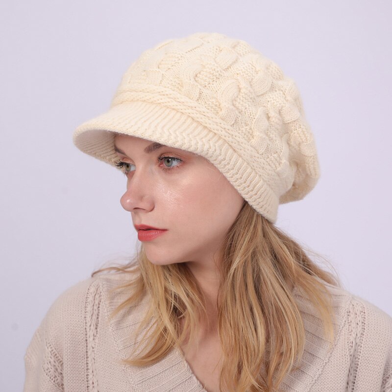 Bonnet d&#39;hiver en fourrure de lapin pour Femme, tricot, Crochet, Ski, Skullies: Beige