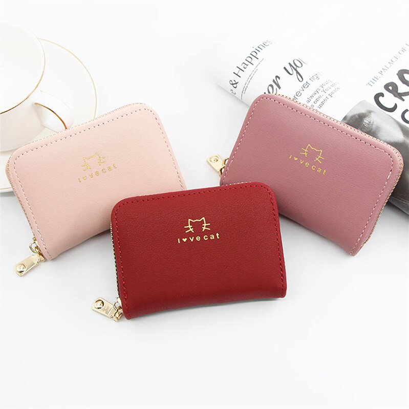 PURDORED 1 Pc Cat Card Holder PU Leather Small Zipper Mini Card Wallet Women Coin Purse Female Business Card Holder Billetera