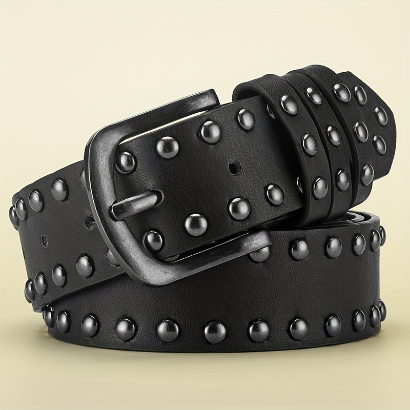 Cinto masculino retro feito antigo liga agulha fivela cinto circular rebite cinto feminino punk hip hop estilo rock jeans cinto barato: Preto
