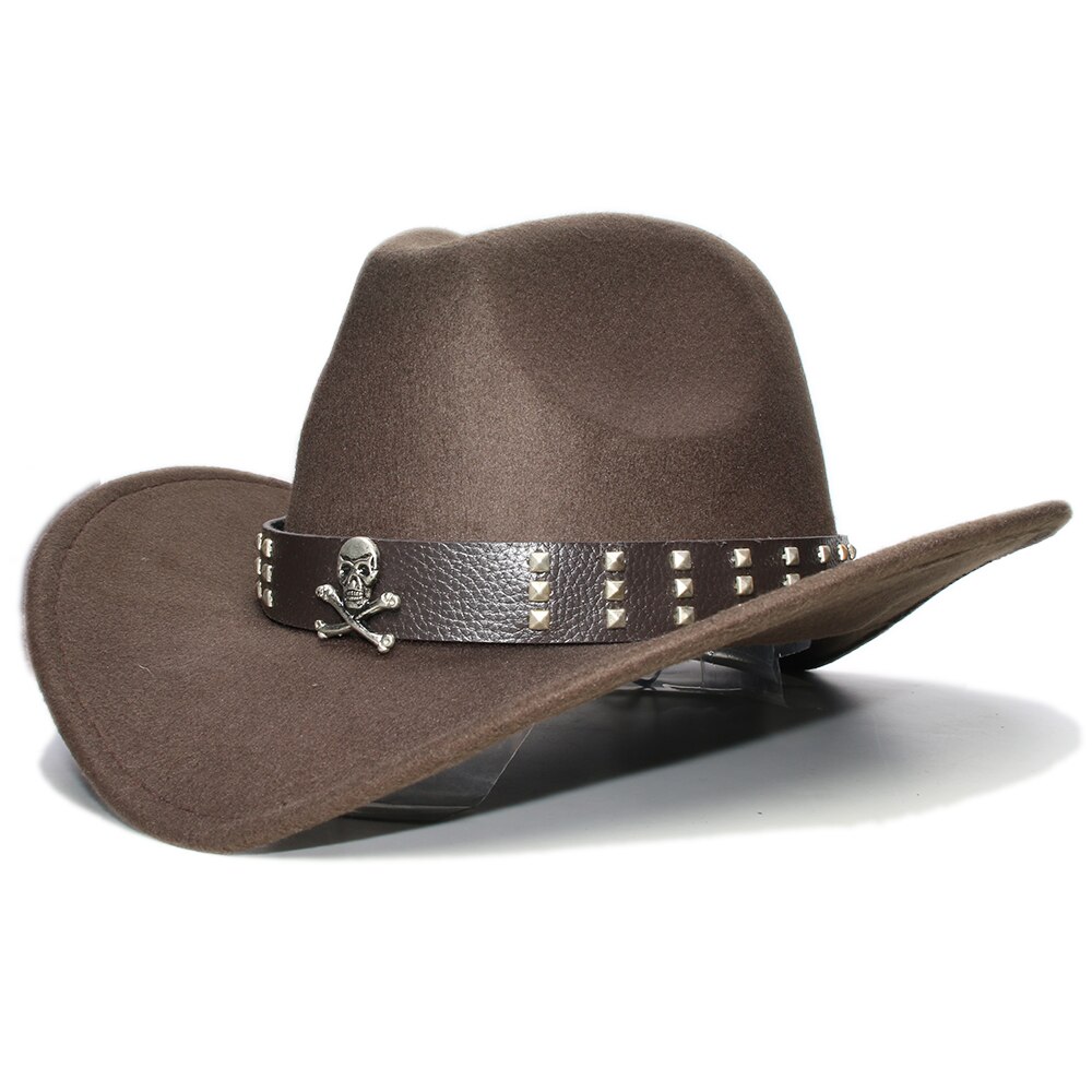 Sombrero de ala ancha de lana para niños, gorra de Fedora, banda de cuero con Calavera, Estilo Vintage Retro, vaquero, Occidental, ajustable, 54cm: Castaño