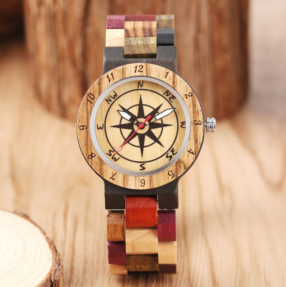 Nizza Colorato Orologi in Legno per Le Donne Quadrante della Bussola con luminoso puntatori Vigilanza di Legno di Disegno di Corrispondenza di colore Della Cinghia di orologio donna