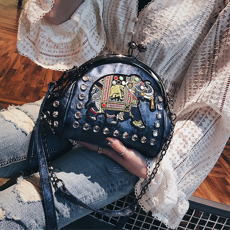 Embroidery Elephant Bag Lock Shell Bags PU Leather Chain Women Shoulder Crossbody Bag 48 pcs Insert Diamonds Women&#39;s Handbags