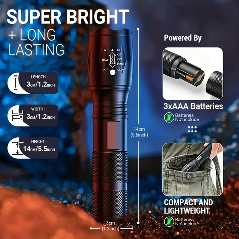 Højtydende led-lommelygte med 5 tilstande, zoombar, campinglommelygte i aluminium, vandtæt, bruger 3 aaa-batterier til udendørsaktiviteter