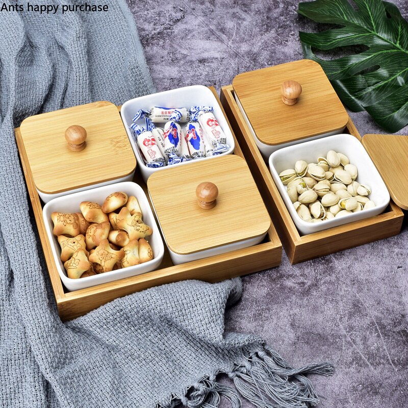 Dried Fruit Box Japanese-style Ceramics Snack Platter Candy Storage Box with Cover Home Nut Dim Sum Plate Bamboo Tray