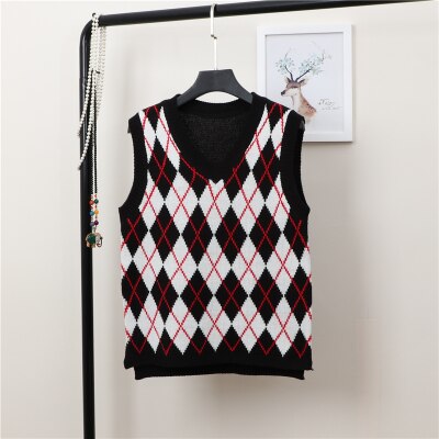 Vintage Argyle Sweater Vest Women Knitted Pink Tank Top V Neck Sleeveless Loose Korean Waistcoat Center