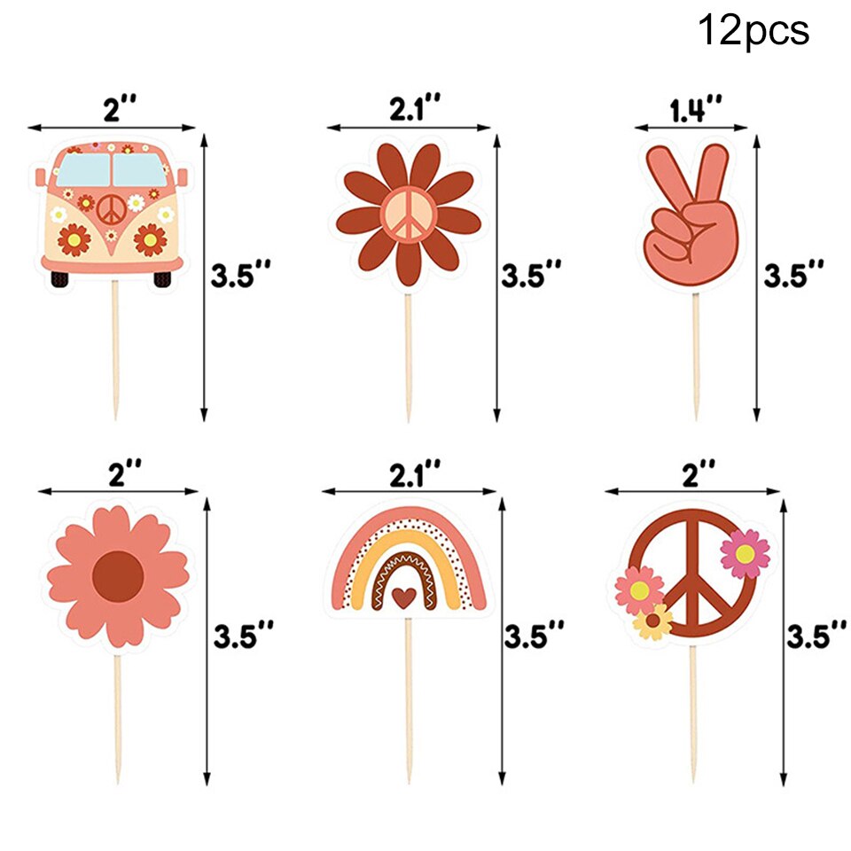12pcs Bohemian Flower School Bus Cake Topper Muffin Cupcake Paper Toppers for Wedding Birthday Bohemian Rainbow Party Decoration: Default Title