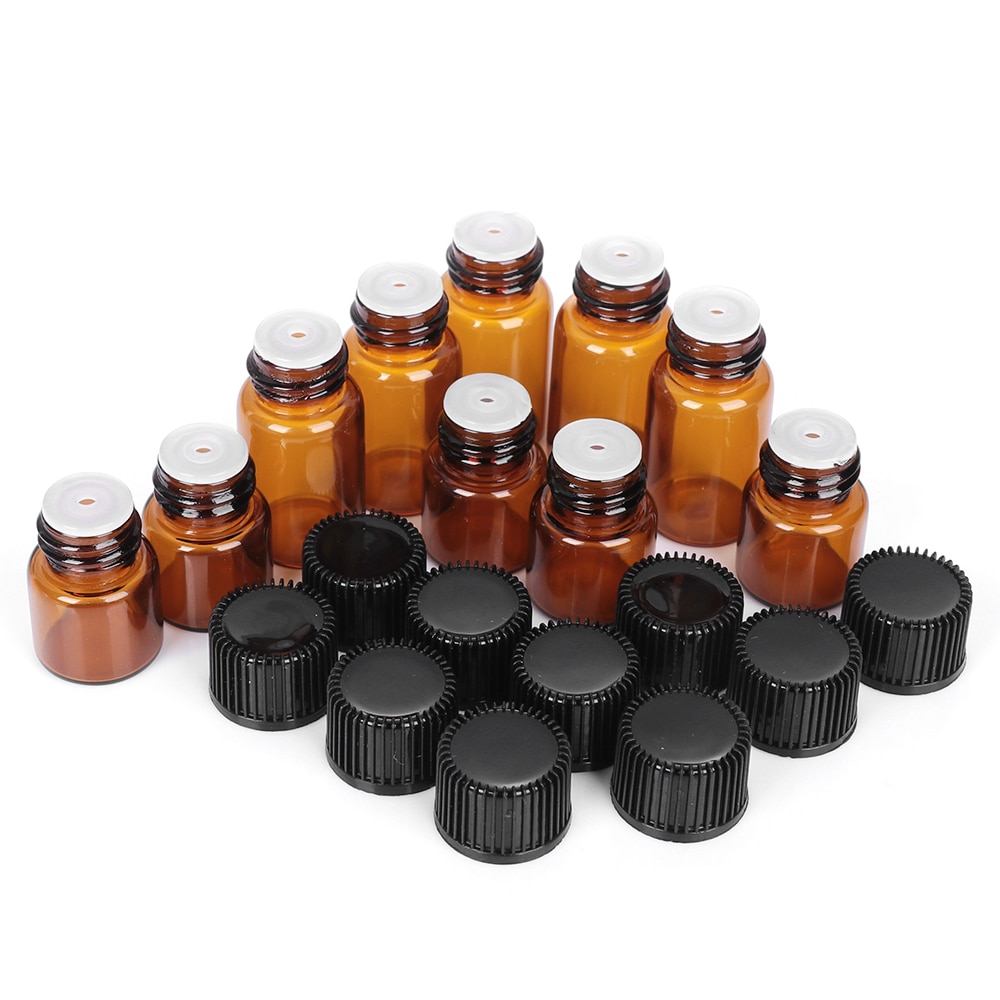 10PCS 1/2/3/5ml Glass Essential Oil Storage Bottle Vials Cosmetic Container Jar Orifice Brown Reducer & Cap Refillable Bottles