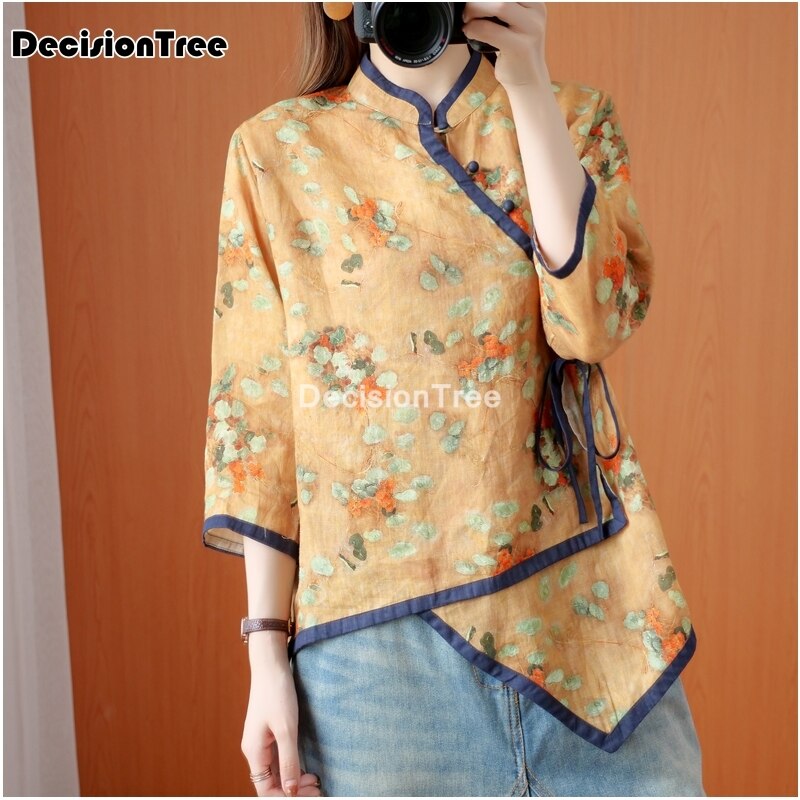 Camisa tradicional china de algodón para mujer, tops de estilo chino, ropa de té folclórica retro, blusas con estampado de flores, Blusa de gasa diaria 2022
