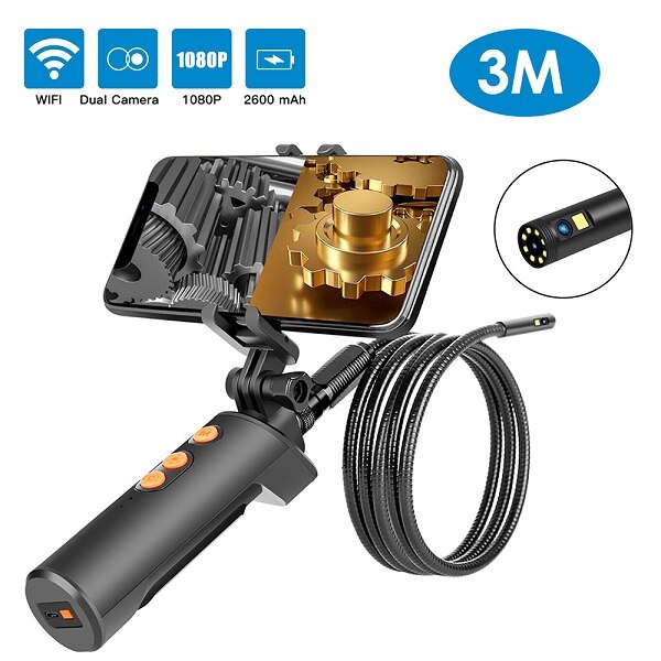 Wirelessly Connected Industrial Endoscopy Borescope 1 Meter Wire Inspection Double Camera Built-in 9pcs 5 Levels Brightness LEDs: 3m