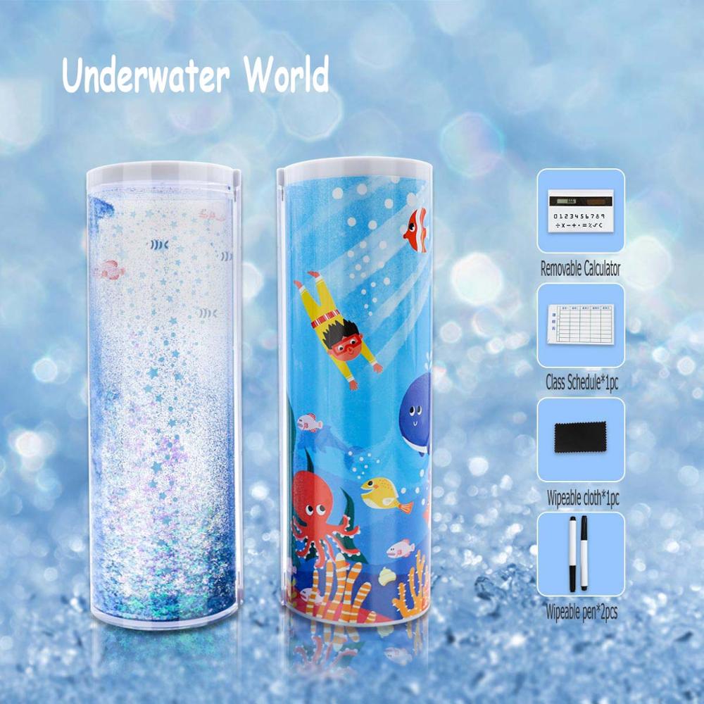 Ceative Cylindrical Pencil Box Case Quicksand Translucent Multifunction Pen Box Inner Solar Calculator Mirror Whiteboard