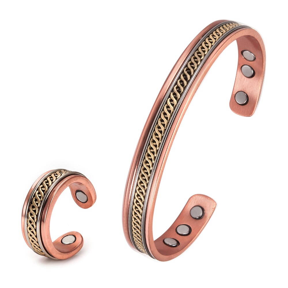 Jewelry-Set Magnetic Copper Bracelet Ring Healing Energy Jewelry Sets for Women Rose Gold Adjustable Cuff Ring Bracelets Bangles: braided