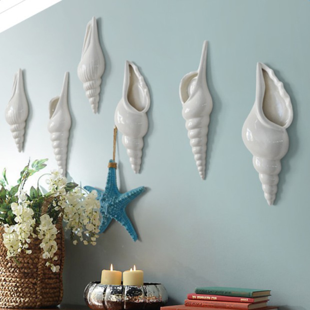 Modern White Ceramic Sea Shell Conch Flower Vase Wall Hanging Home Decor
