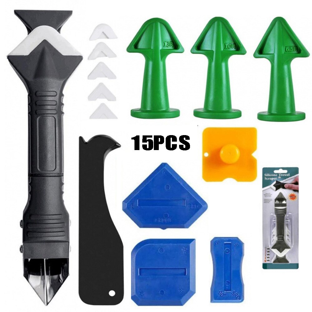 3 In 1 Silicone Caulking Tool Scraper Sealant Remover Tool Set Caulking Trimmer Smooth Stainless Steel/plastic Hand Tool: 15 PCS