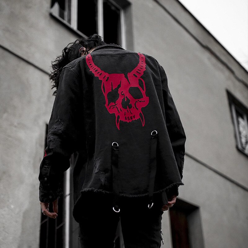 Hip Hop Gothic Demon Hunter Skull Black Denim Jacket Men High Street Oversized Coat Harajuku Streetwear Bomber Unisex Jacket