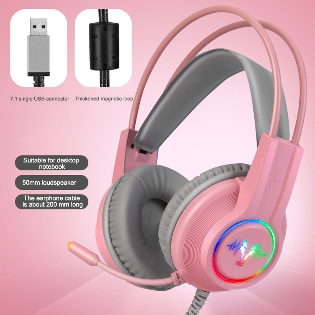 Surround Sound Ergonomic LED RGB Light For Laptop ABS Stereo Noise Canceling Gaming Headset Wired USB Interface Universal: Pink  7.1USB