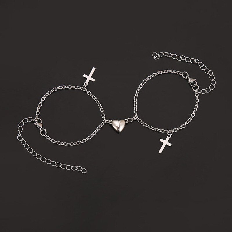 2Pcs Heart Magnet Bracelet for Lovers Stainless Steel Angel Wing Lock Couple Bracelet Heart Charm Friendship Jewelry: F